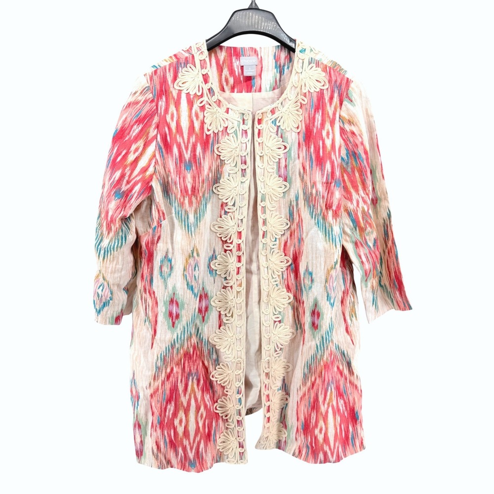 Chico's Daintree Ikat Topper Jacket Womens 3/16-18 Pre-Owned Soutache 100% Linen
